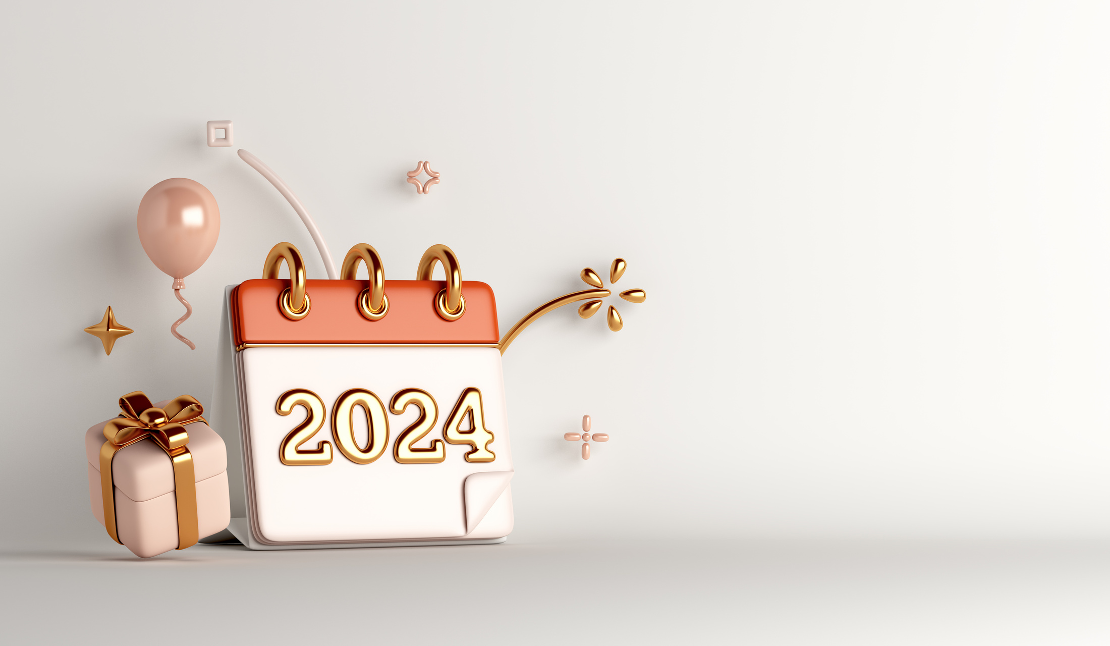 Happy New Year 2024 with calendar, balloon, gift box, 3D renderi