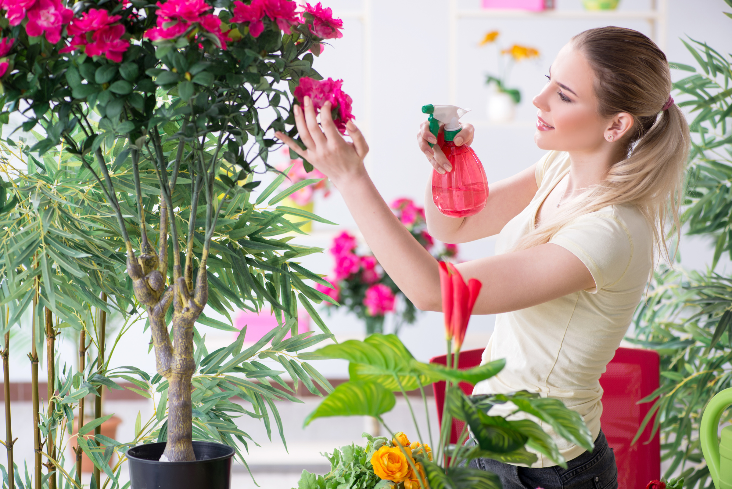 Young Woman Watering Plants 